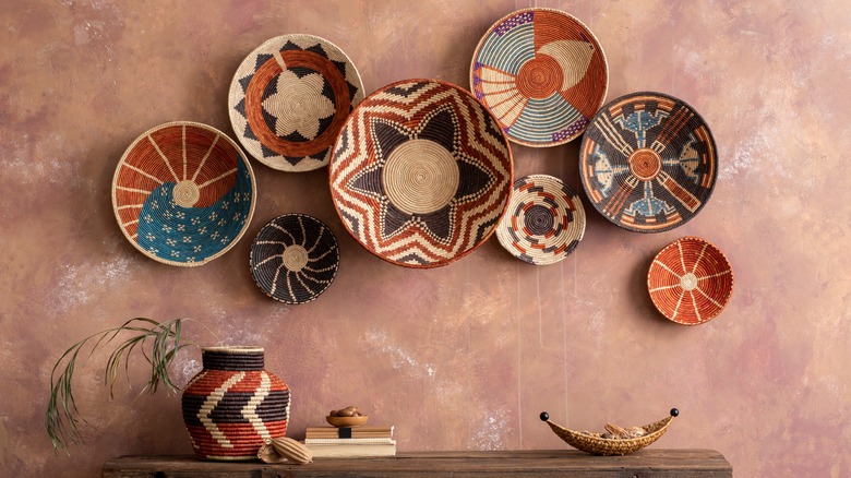 colorful baskets hanging on wall