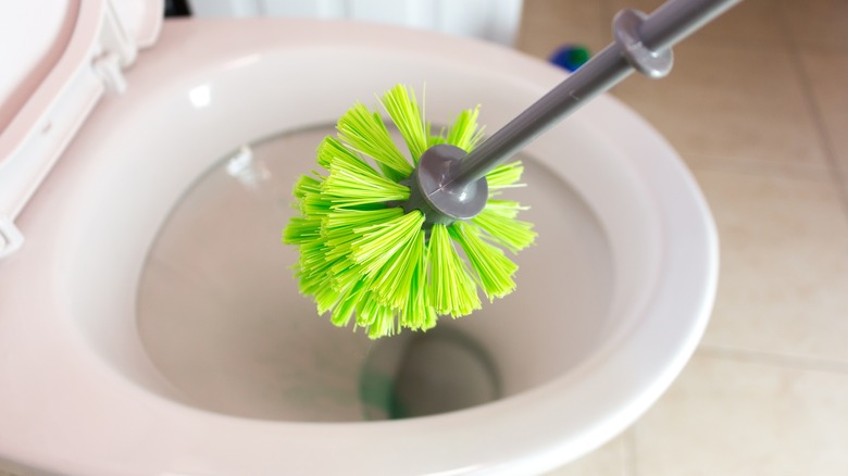 Cleaning toilet bowl with brush