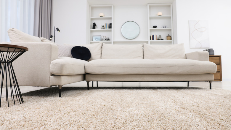 living room with white couch, built-in bookcases, and white fluffy carpet