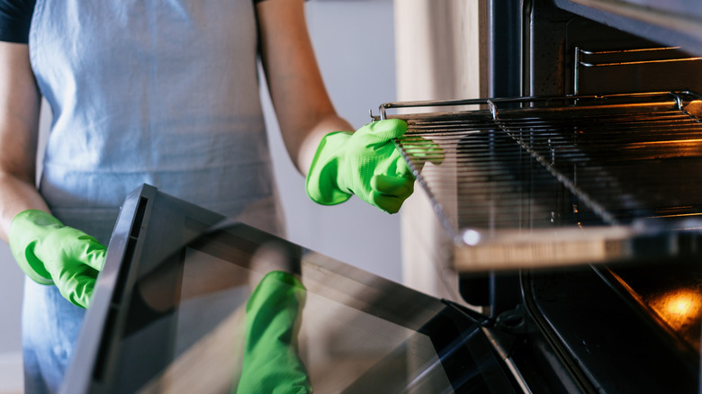 Someone who is about to clean their oven glass door