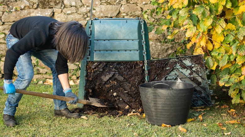 Person shoveling into compost bin