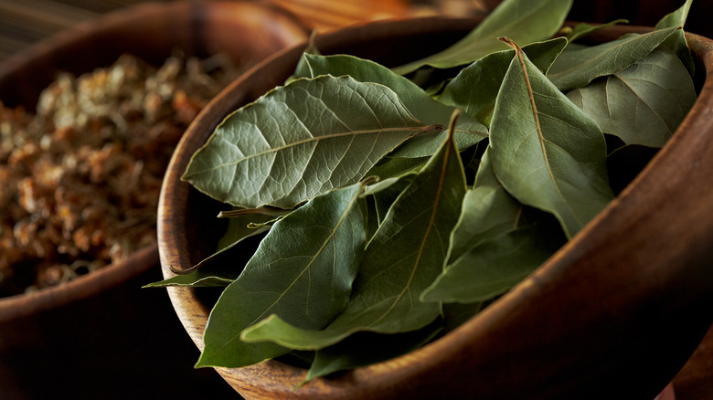 Picked bay leaves in a wooden container
