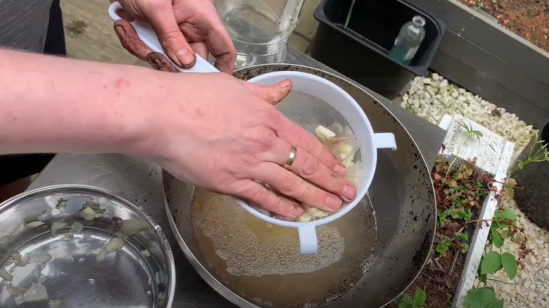 straining garlic solution