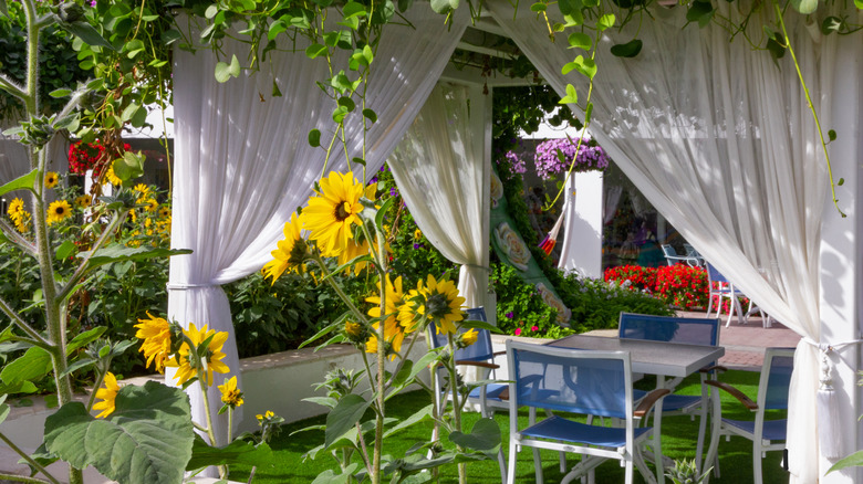 Pergola with outdoor curtains, surrounded by plants and flowers