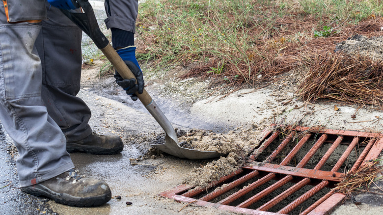 A person shovels sediment and debris away from a drain.