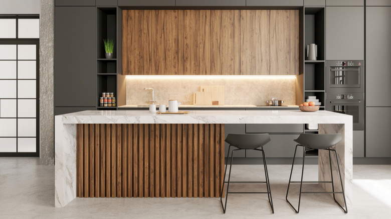 wooden kitchen with under-cabinet lights