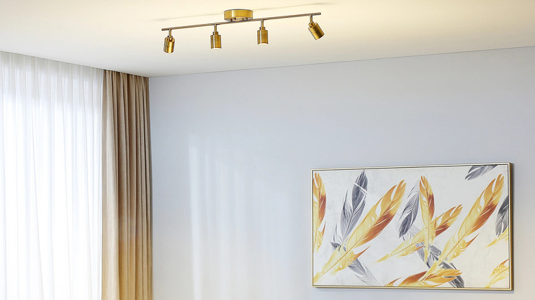 gold track lighting overtop painting