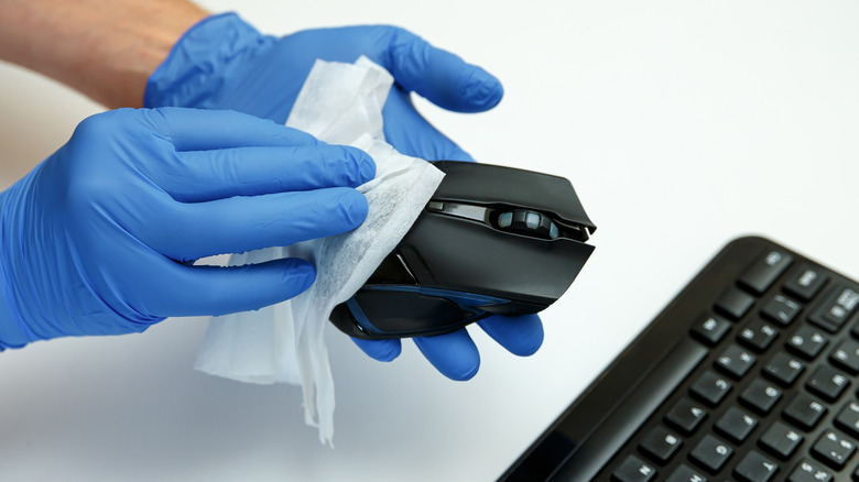 Person cleaning computer mouse