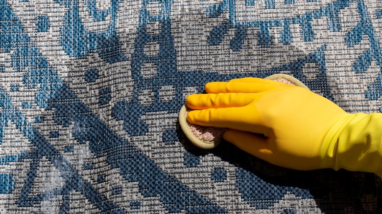 rubber glove hand cleaning rug