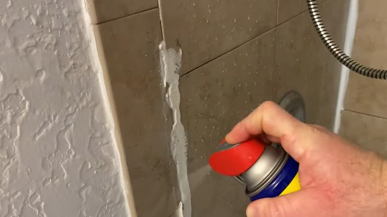 Hand spraying WD-40 on shower caulk