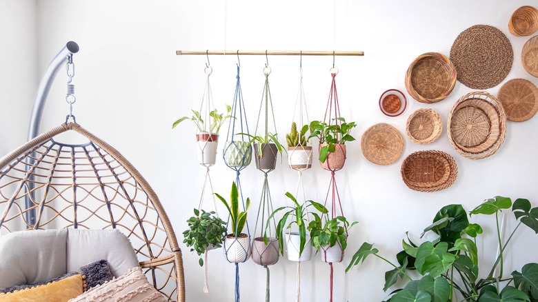 bohemian room with wall baskets