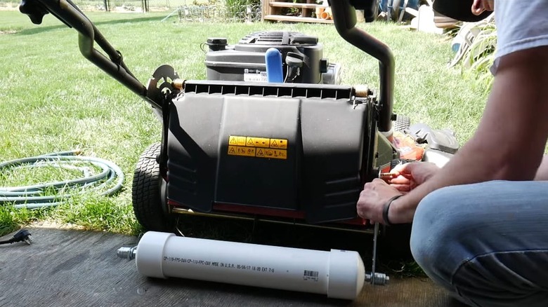 mower with homemade striping roller