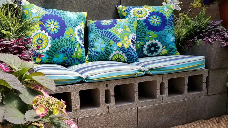 cinder block bench in garden