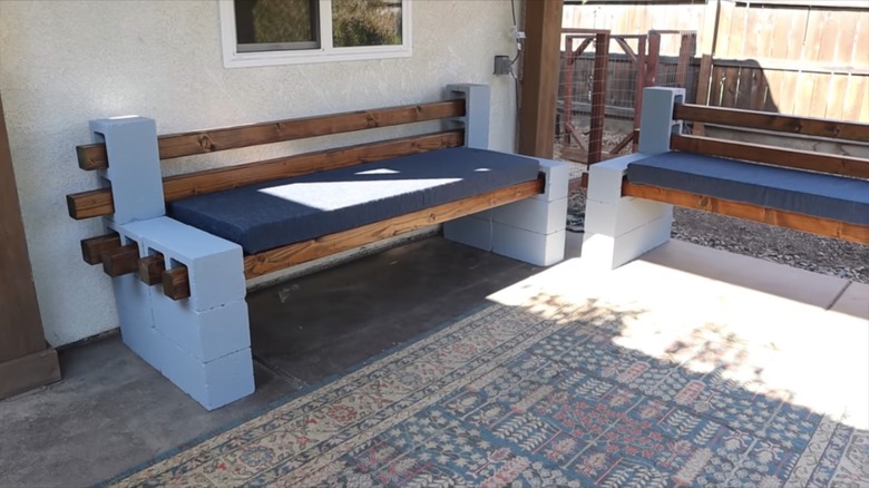 cinder block bench in backyard