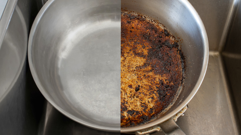 stainless steel pan, dirty and clean