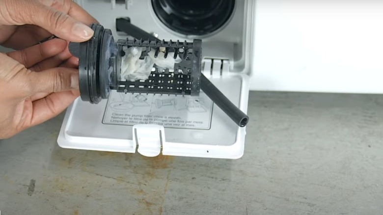 A person cleaning a washing machine drain pump