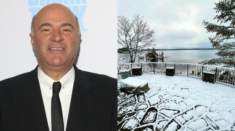 Kevin O'Leary smiling, his home in snow