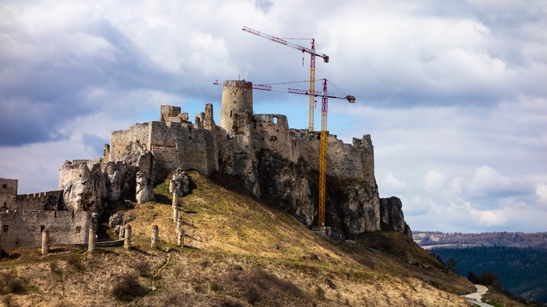 cranes above hilltop castle