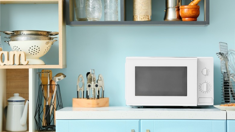 microwave on counter in kitchen 