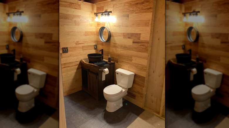 basement bathroom with upflush toilet