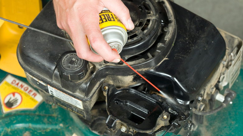 person spraying carburetor