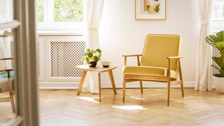 Herringbone floors in living room