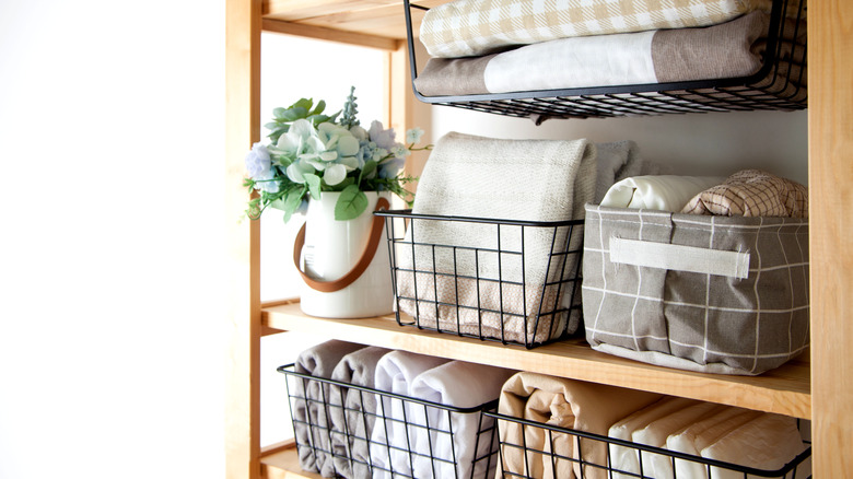 baskets on wooden shelves