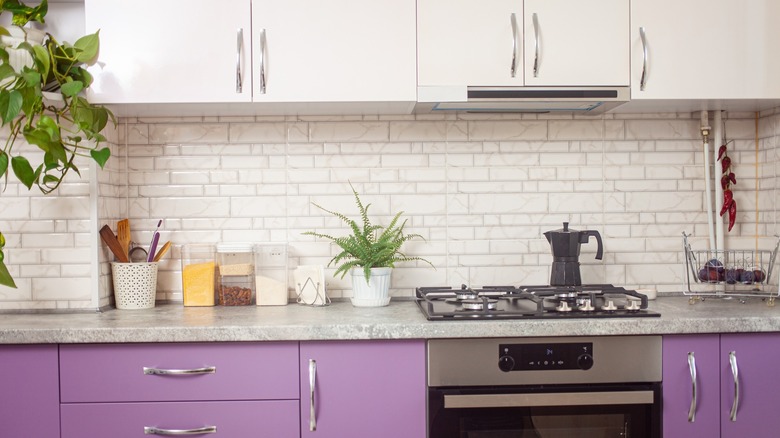 Purple and white kitchen cabinets