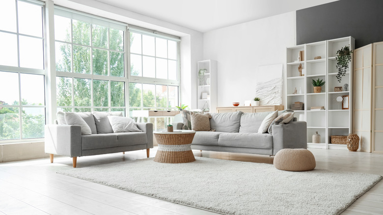 Bright living room with large windows that have roller blinds instead of drapes