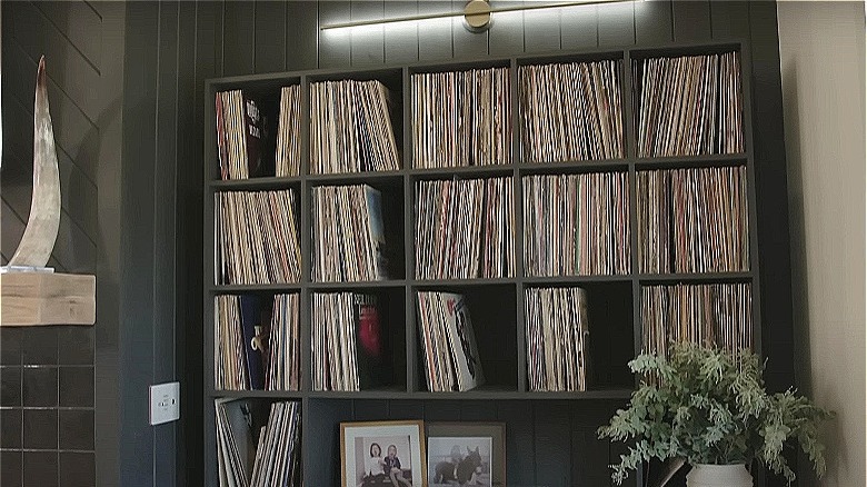 records on built-in shelves