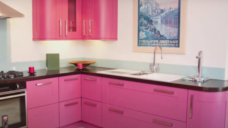 View of pink kitchen cabinets