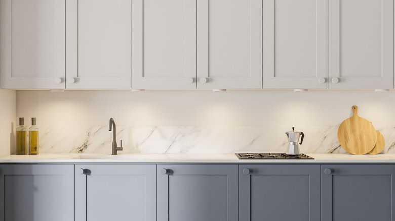 A neutral minimalist kitchen is decorated with gray cabinets