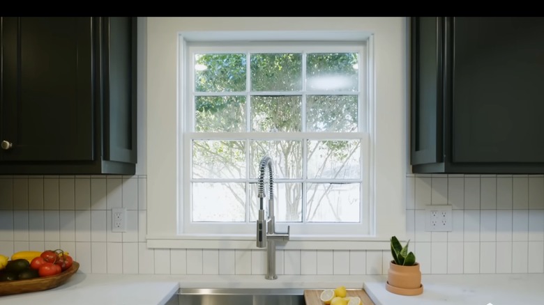 Vertically stacked white subway tile