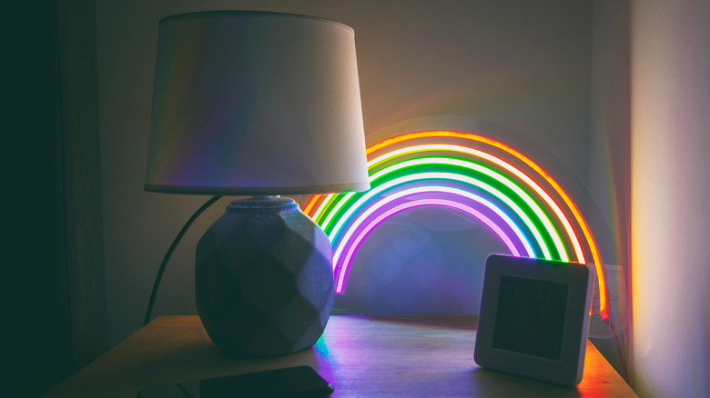 neon sign on side table