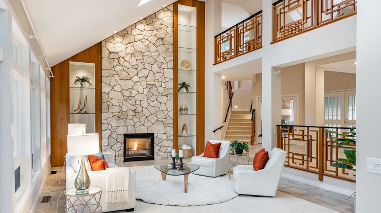 fireplace surrounded in stone