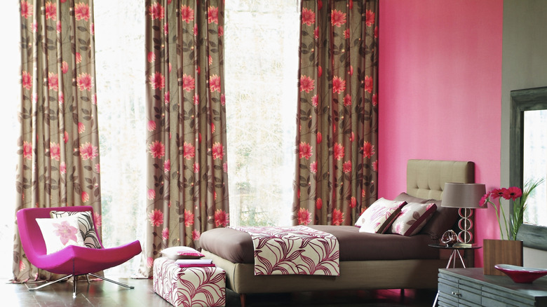 bedroom with floral curtains