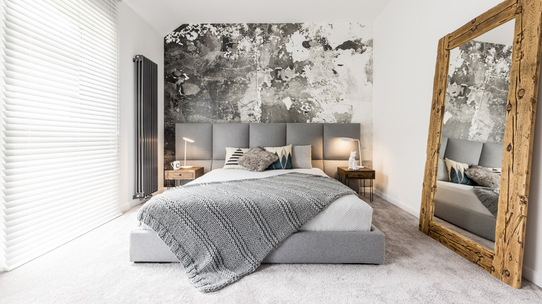 Textured monochromatic grey bedroom