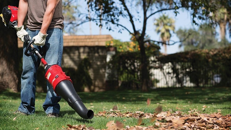 Man using leaf blower attachment