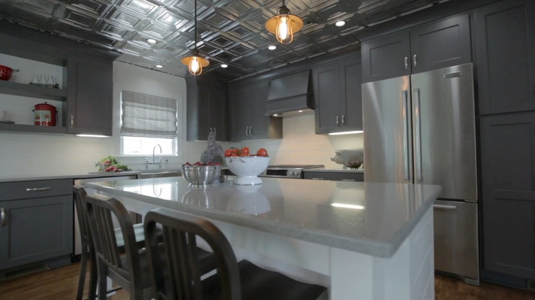 Grey industrial farmhouse kitchen interior.