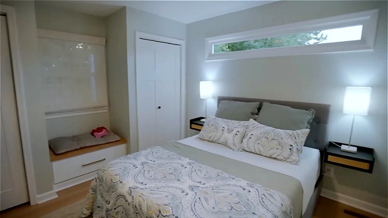 narrow window in neutral pale bedroom