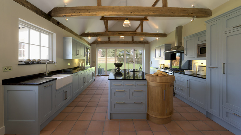 Blue cabinets in rustic kitchen