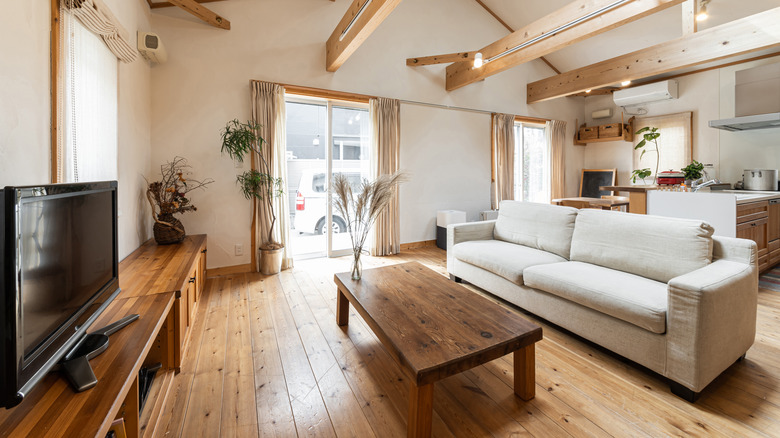 living room with brown furniture