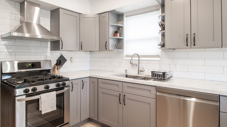 Stainless steel appliances in kitchen