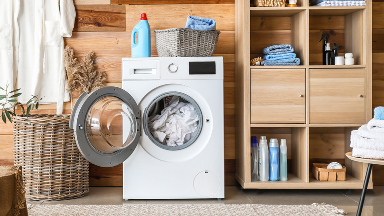 laundry room with open shelving