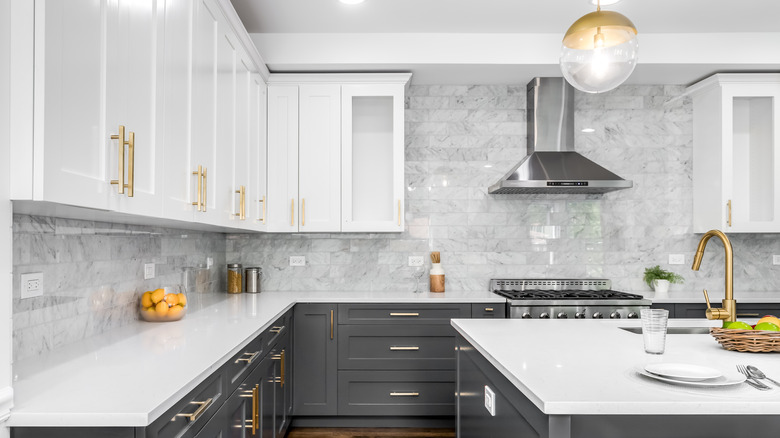 white and gray kitchen cabinets