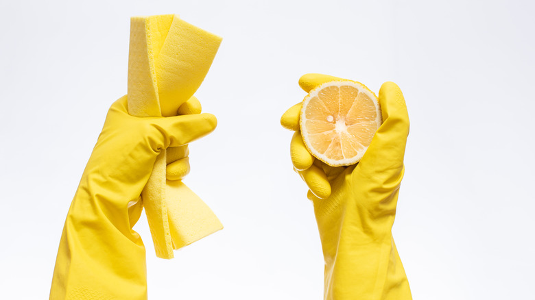 Rubber gloves holding a lemon 