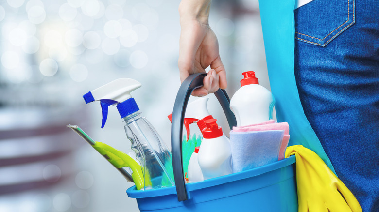 Multiple cleaning products in a bucket 