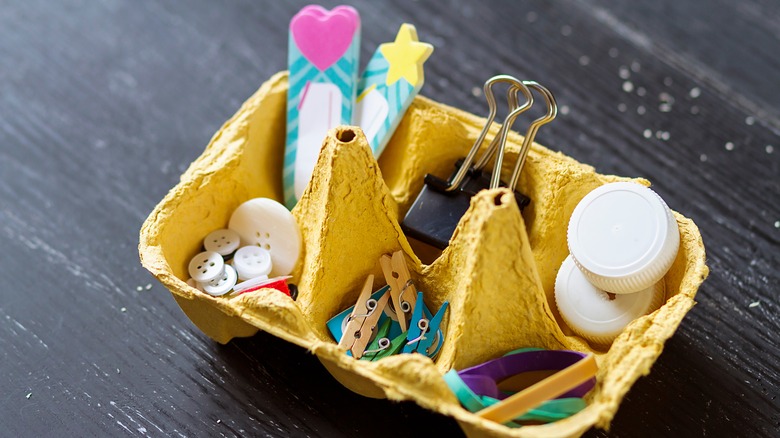 egg carton with buttons and clips