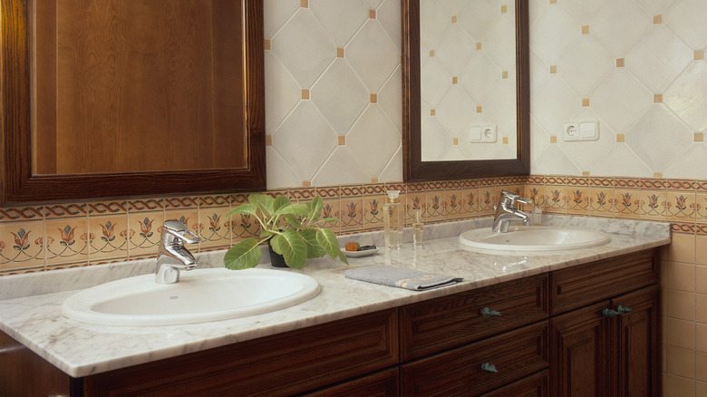 wooden bathroom with a plant