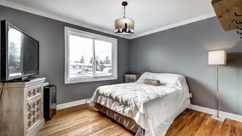 Finished basement bedroom gray walls 